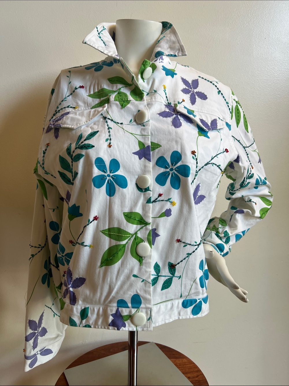 Trinity Floral Cotton Jean Jacket with Blue & Green beaded Blooms